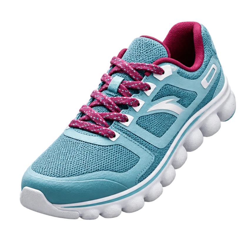 Zapatilla turquesa y magenta, vista frontal en tres cuartos